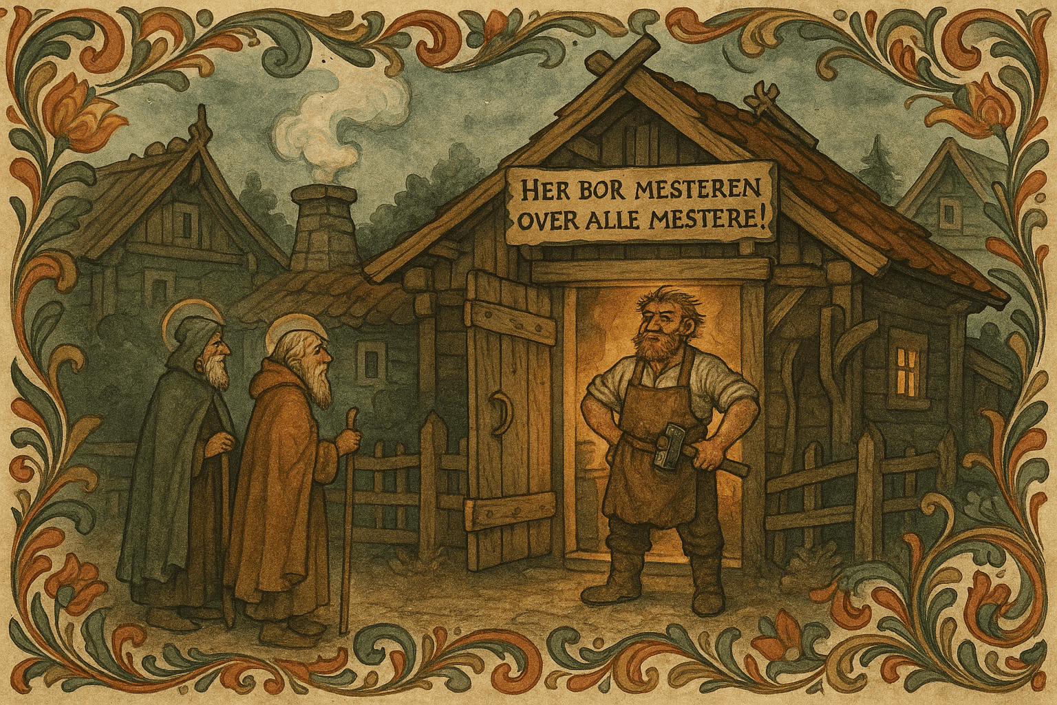 En landlig smie ved skumring med skiltet 