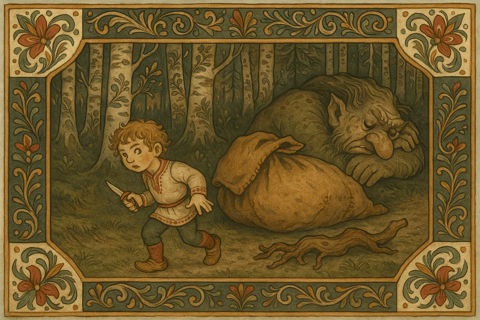 Smørbukk kryper ut av en sekk ved veien i en bjørkeskog mens trollet sover, og en tyrirot ligger klar til å legges i sekken. Skumringen og mosegulvet gir en lurt og hemmelighetsfull stemning.