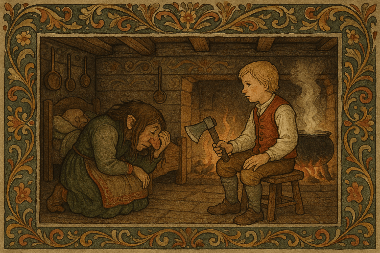 Smørbukk holder øksa i trollkårstua foran peisen og en dampende gryte, mens trolldatteren har lagt hodet framover på krakken slik Smørbukk ba om. Interiøret med kjele, treskjeer og lavt tak understreker den dramatiske situasjonen.