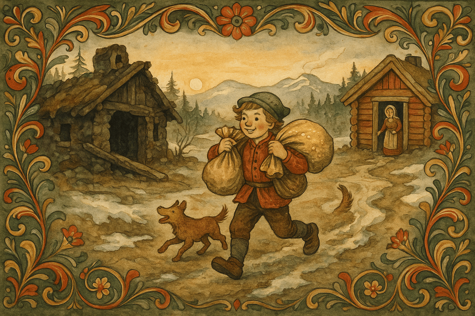 Smørbukk kommer hjem i daggry med sekker fulle av gull og sølv, mens hunden Gulltann løper ved hans side og trollets hytte ligger ødelagt bak dem. Mor venter ved en liten tømmerstue med lettet uttrykk.