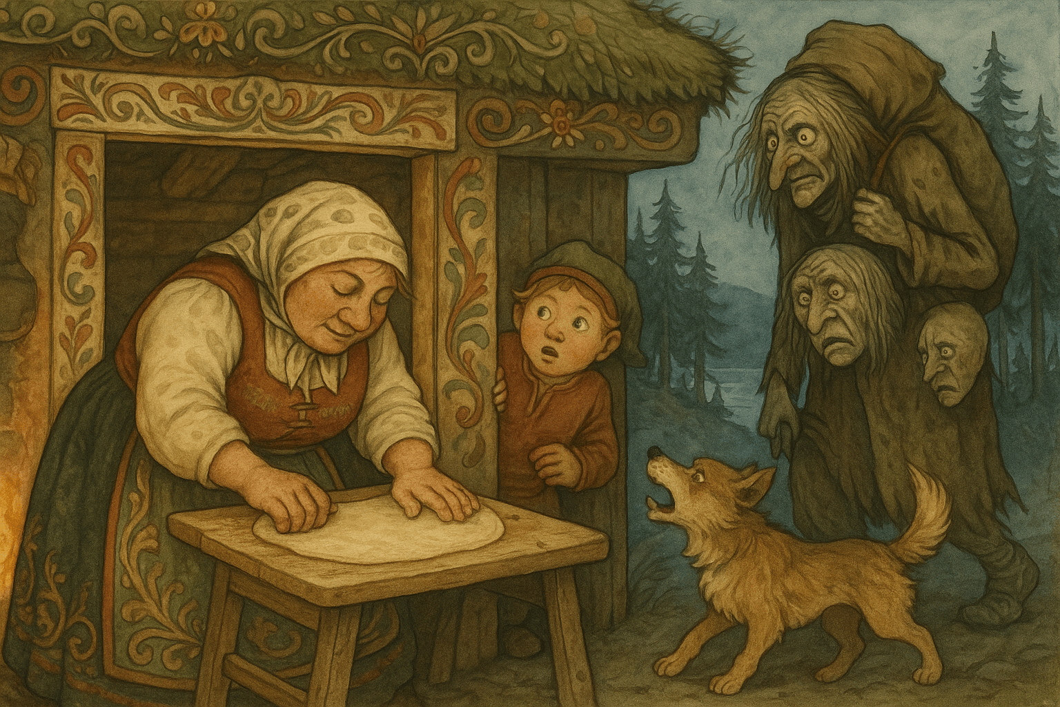 En huskrokt kjøkkeninteriør med ei dame ved bakstefjøla, Smørbukk og hunden Gulltann som bjeffer mot en haugkjerring utenfor døra med sekk. Ute skimtes furuskog og fjord i skumringen.