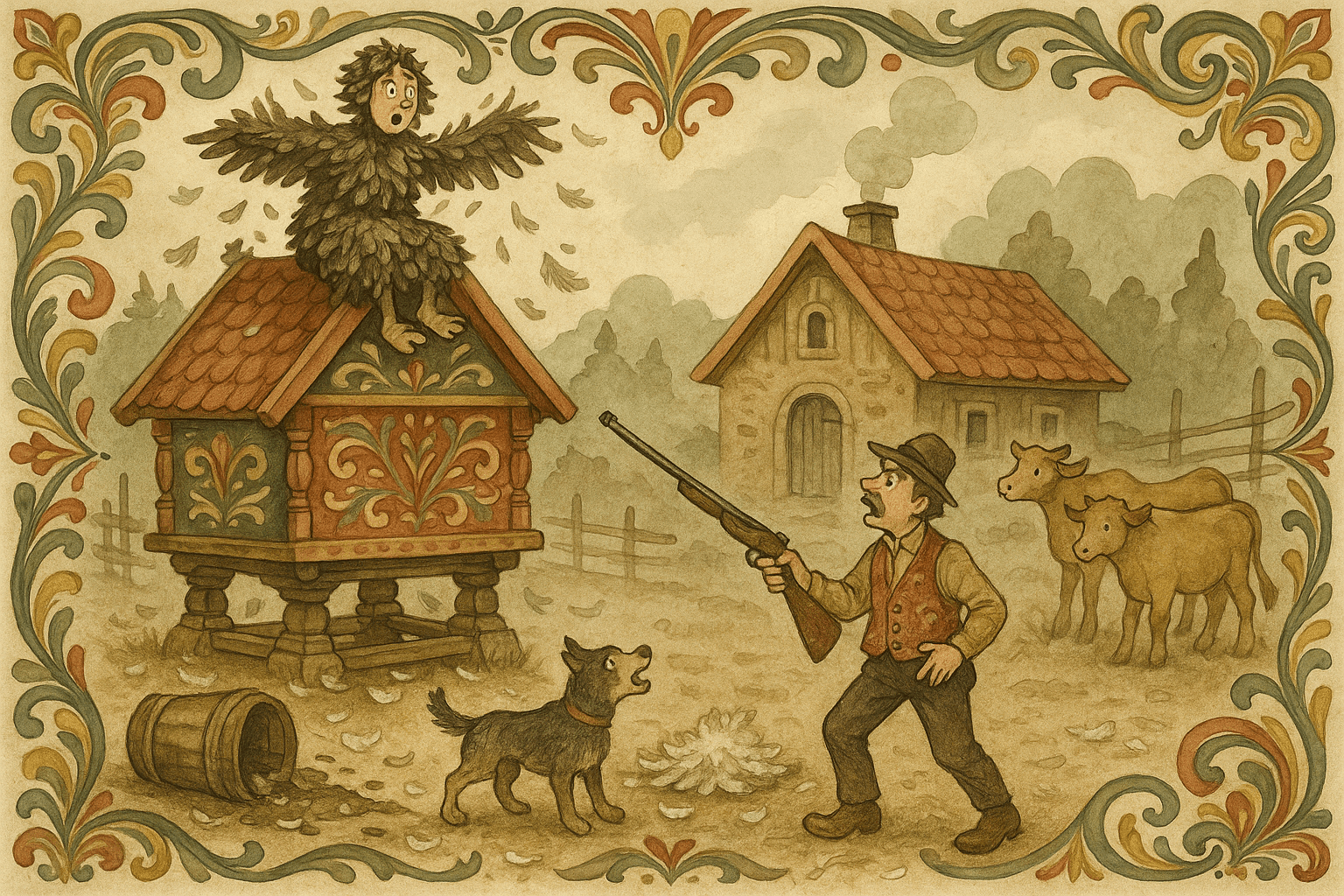 Kvinne dyppet i tjære og dekket av fjær sitter på stabburstaket og vifter med armene mens en hund bjeffer og mannen sikter med rifla fra gårdsplassen.