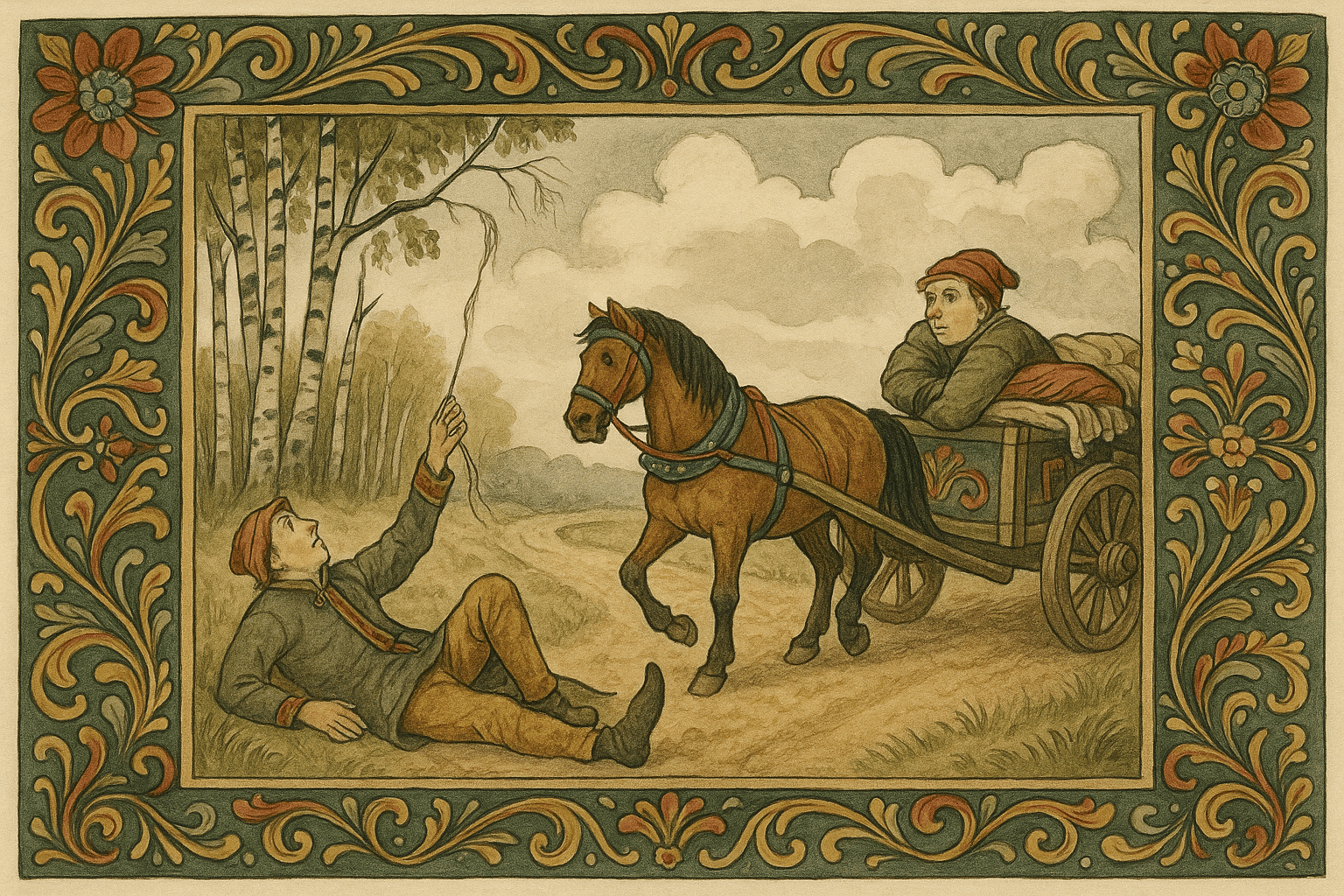 En mann binder hestetagl i ei bjørk og ligger og stirrer i skyene mens en annen sitter på en kjerre full av klær og ser seg tilbake før han kjører av gårde.