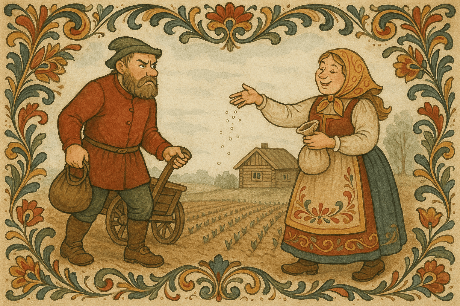 Mannen kommer hjem med pengesekk og kjerre og ser forbløffet på pløyde jorder med spirer mens kona strør salt og smiler.