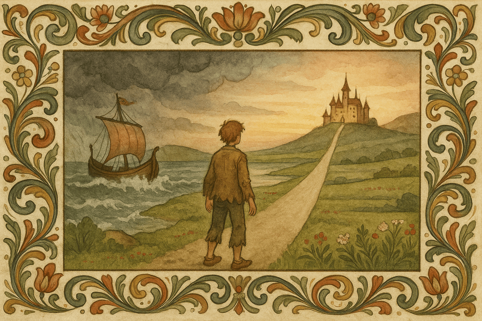 Halvor står på en fremmed kyst og ser en jevn vei som leder mot et lysende slott i det fjerne. Havet ligger rolig etter stormen, og landskapet er vidt og nordisk.