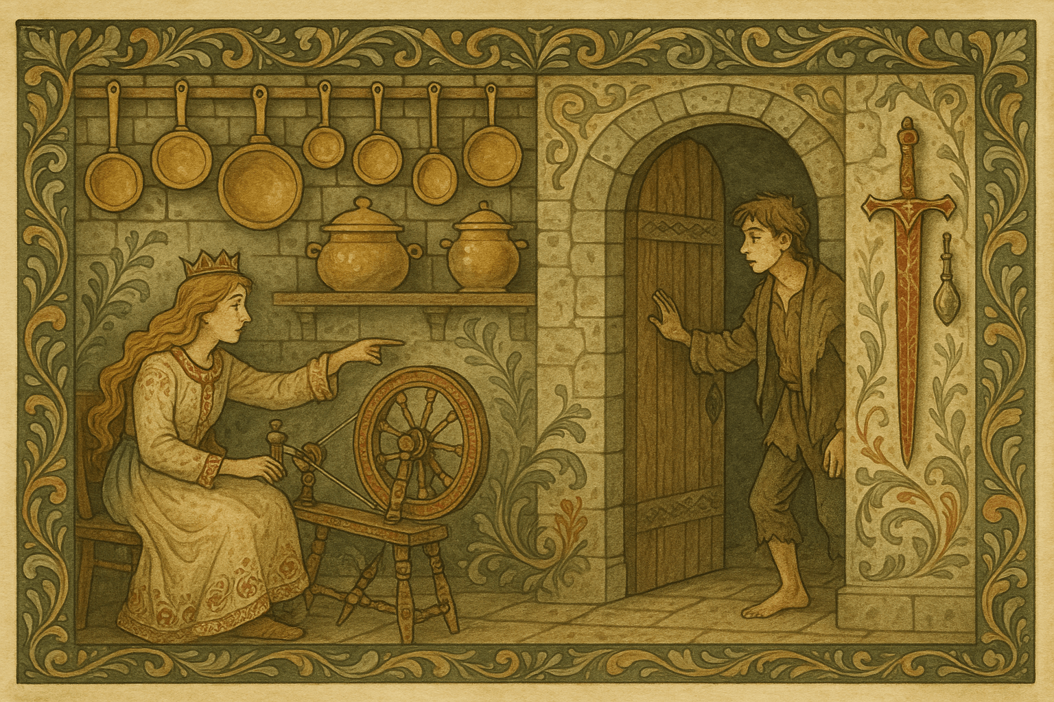 En prinsesse sitter ved en rokk i et blankt kjøkken og advarer Halvor om et trehodet troll, mens han ser på et sverd og en flaske på veggen. Kjøkkenet er rikt, men menneskene er få.