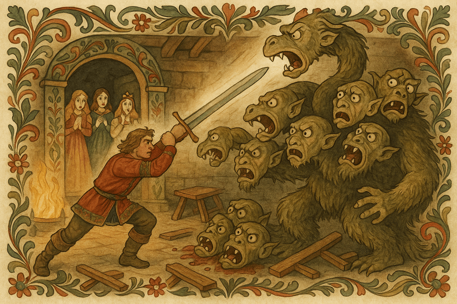 Halvor svinger et tungt sverd og hugger av hoder på et stort nihodet troll mens prinsessene ser på fra en dør. Scenen er kaotisk med flammer fra ovnen og knuste møbler.