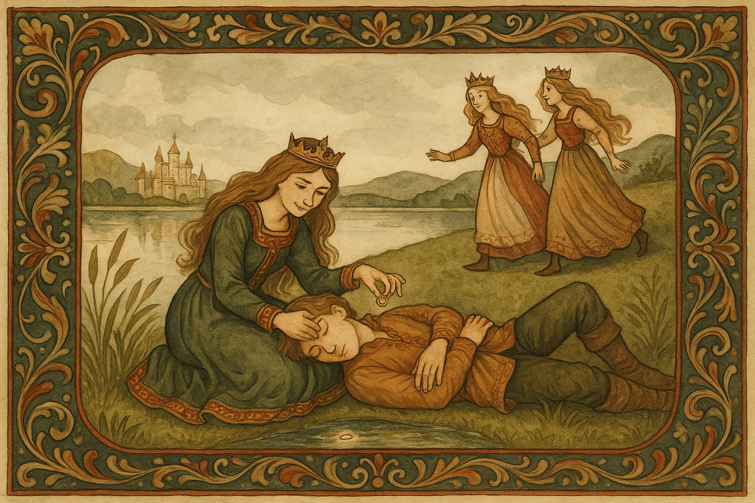 Ved en innsjø ligger Halvor sovende med hodet i fanget på den yngste prinsessen, som stjeler ringen fra ham og bytter den ut. Prinsessene går mot et fjernt, glitrende slott.