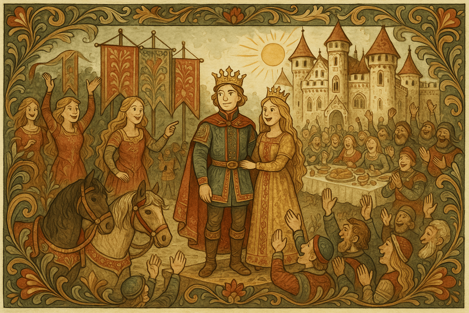 Bryllup på Soria Moria: Halvor står pyntet ved siden av den yngste prinsessen foran en jublende forsamling i slottets borggård. Banner og hester fyller plassen i solskinn.