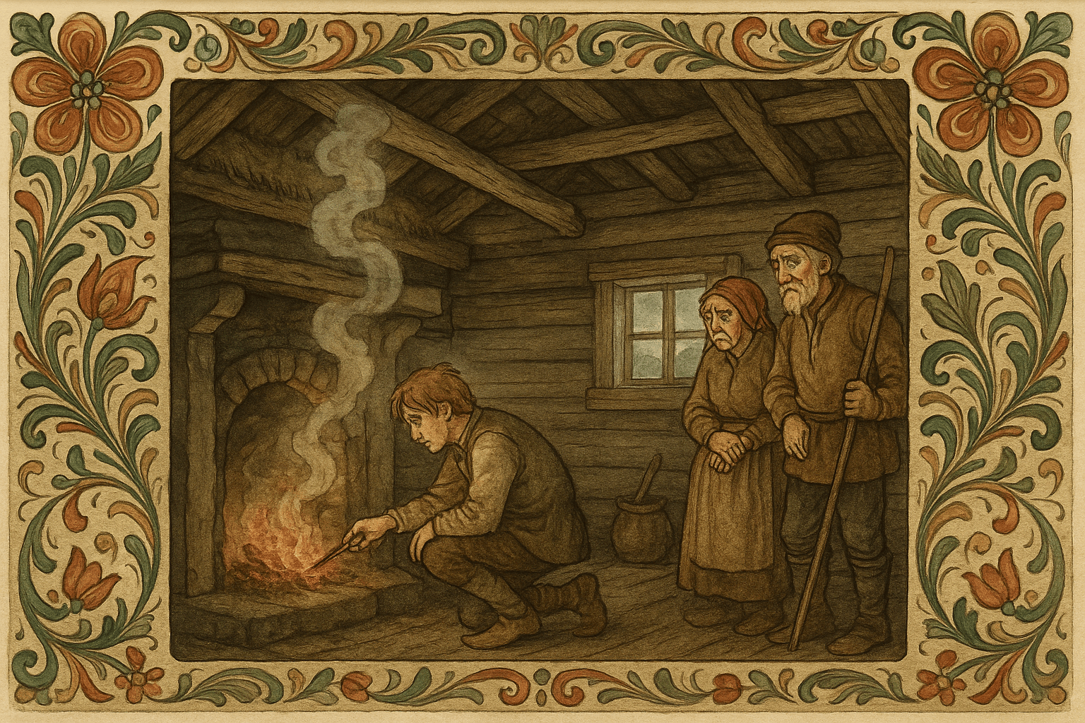 Halvor sitter og raker i asken i en enkel stue mens foreldrene ser bekymret på ham. Stuen har røykfylt peis, grove planker og et lite vindu med kaldt lys.