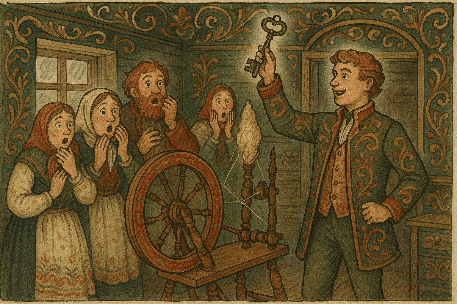 Gutten står ved rokkehodet og trekker frem stabbursnøkkelen fra linet mens familien ser overrasket og fornøyd på ham.