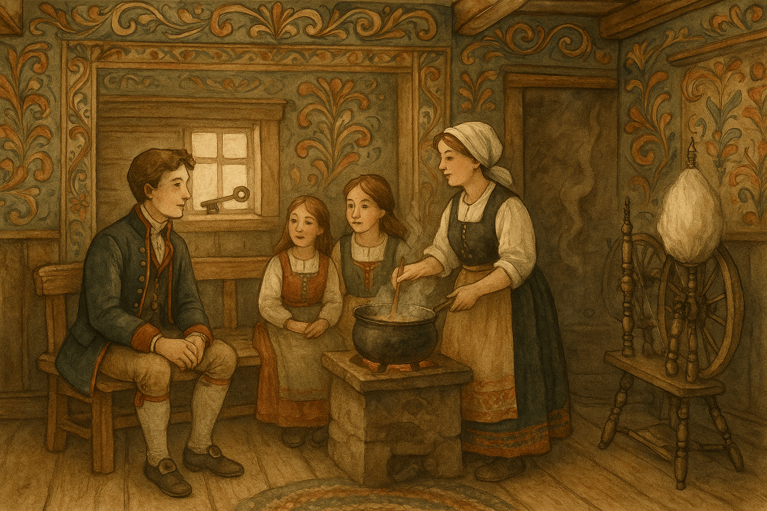 En ung gardgutt sitter på en benk i stua mens familien forbereder mat; en rokk i hjørnet har rokkehodet fullt av lin, og en stor nøkkel ligger i vinduskarmen.