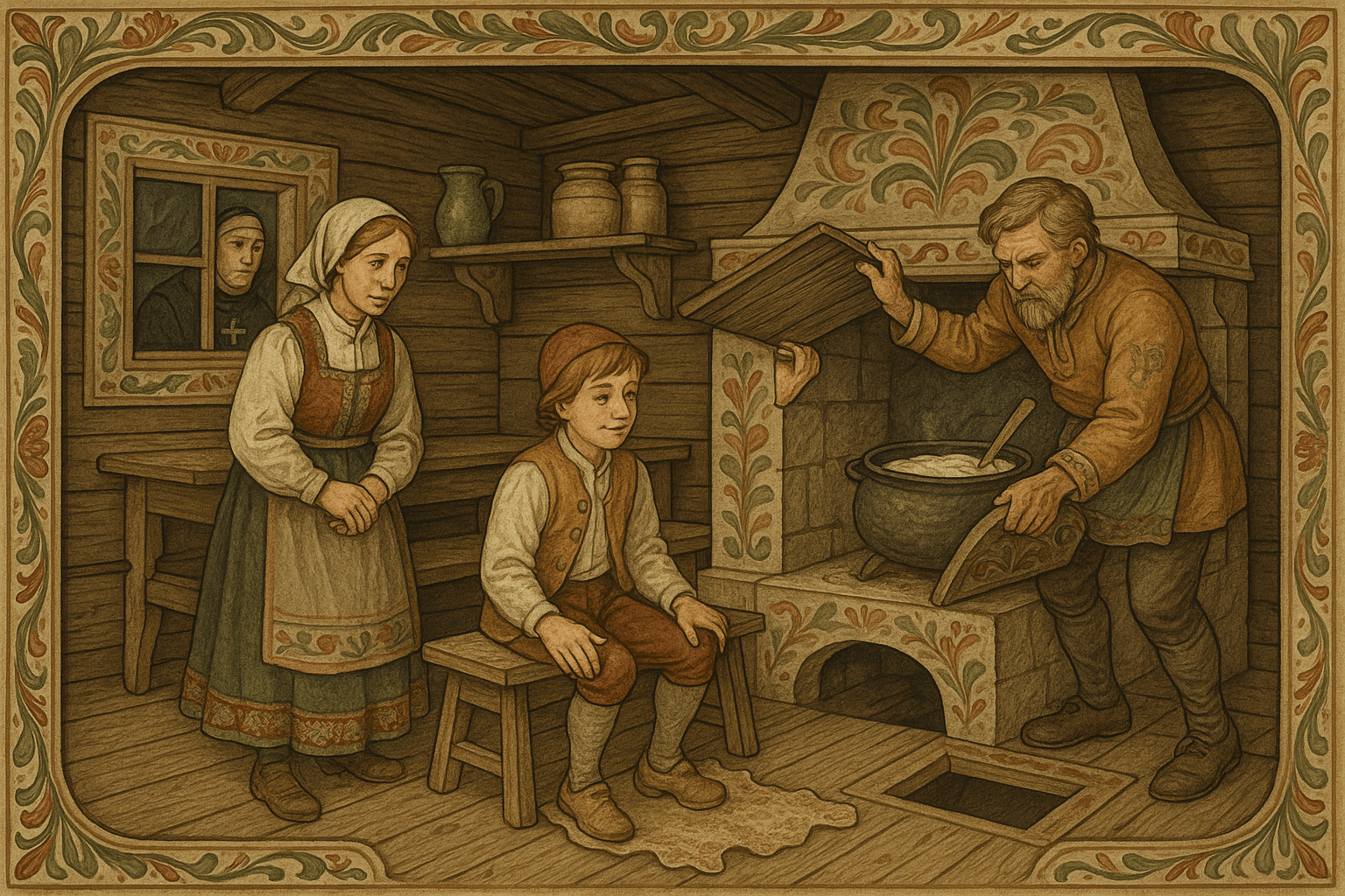 Kjøkken i tømmerhus med graut under århella, en prest gjemt i kiste ved kovevinduet, og Vesle-Per som tramper på et tørket kalveskinn.