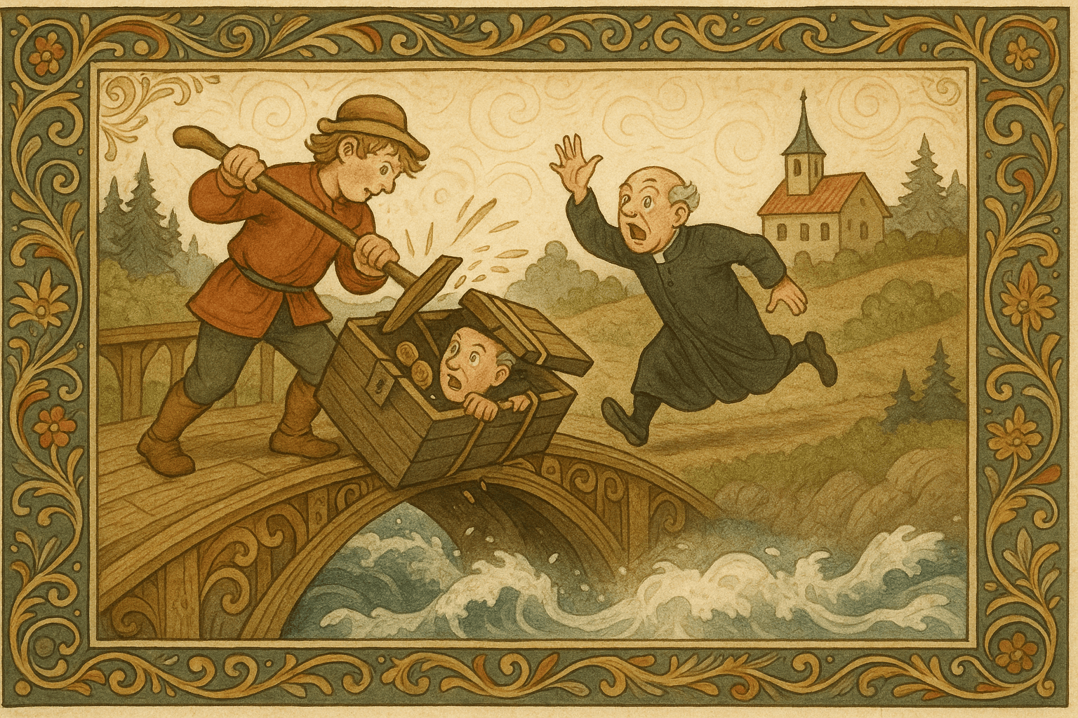 En brusende elv under en bro, Vesle-Per ved rekkverket med en kiste, og presten som ropes fra kista før han springer bort.