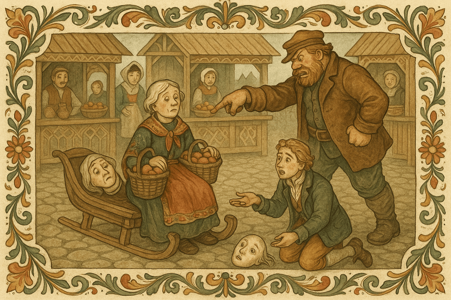 Torgscene med Vesle-Per som har satt hodet på moren på en kjelke, en skipper som dytter i henne så hodet triller av.