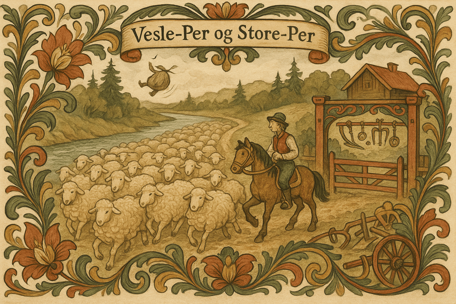 Vesle-Per driver en enorm saueflokk fra elven, Store-Per i en sekk ved vannkanten, og Vesle-Per som rir mot en gård han nå eier.
