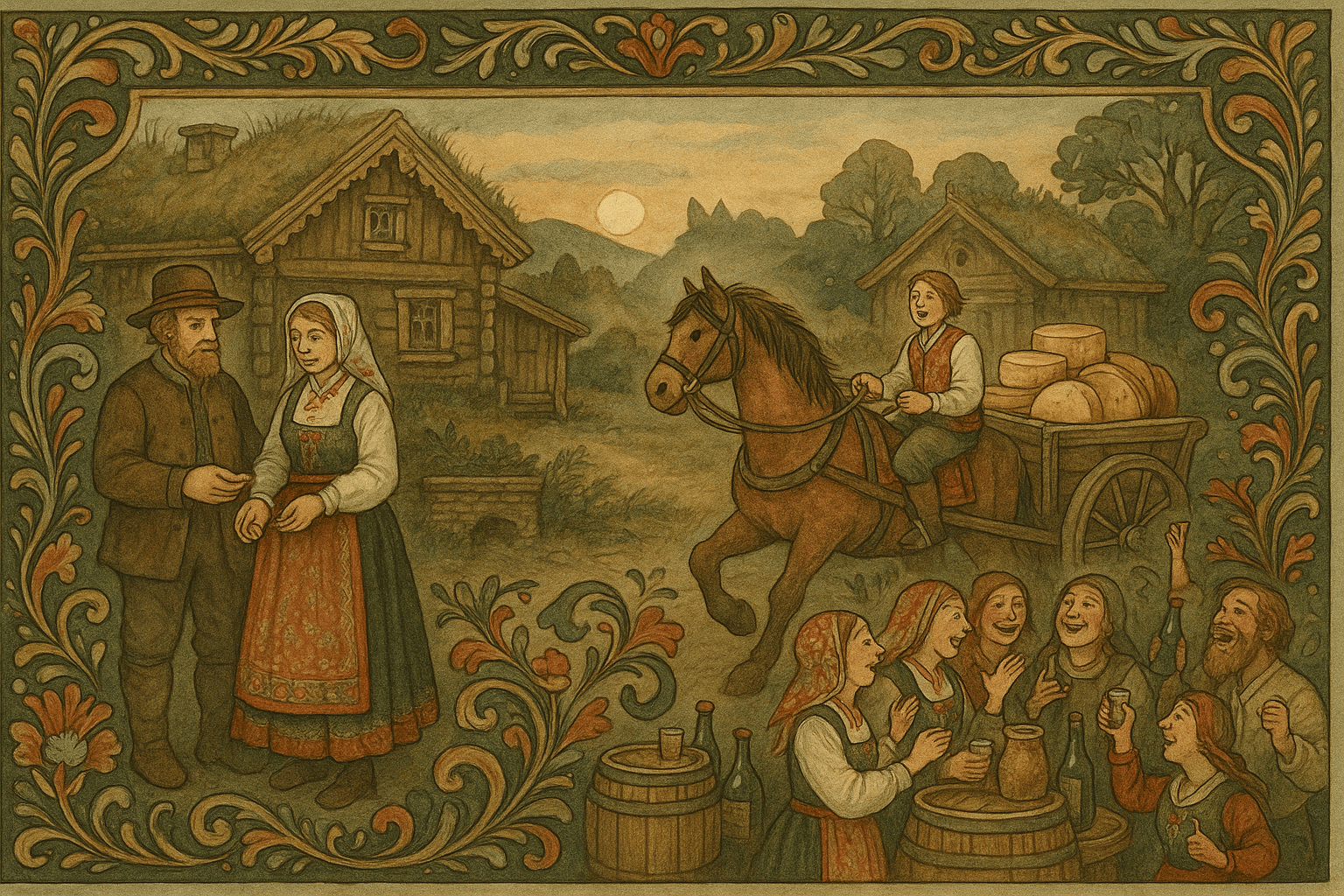 En seteraktig gård med torvtak, Store-Per med rik kone ved brønnen, og Vesle-Per på hest med en vogn full av smør og ost mens folk samles til fest.