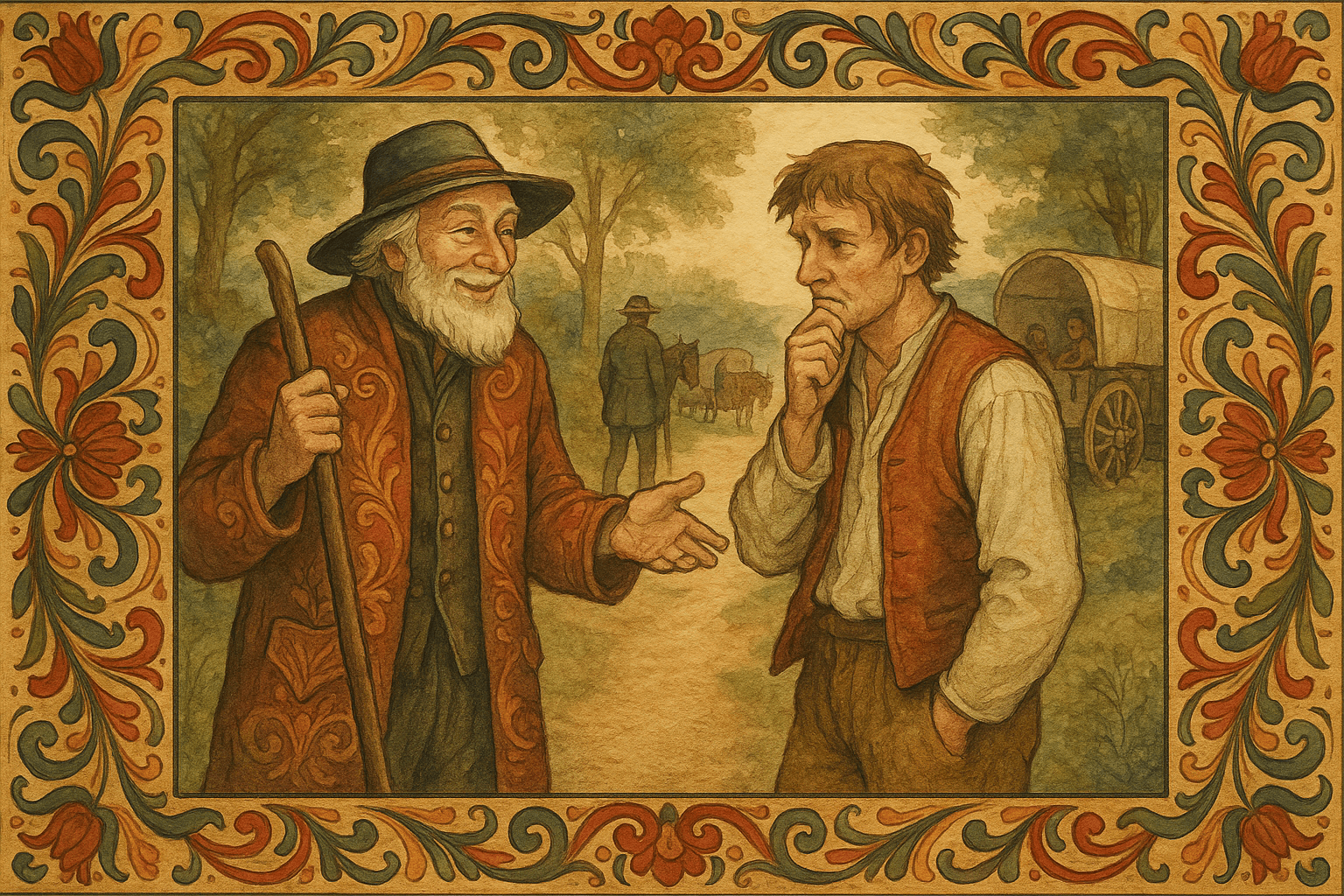 Bonden møter taterfaren på gårdsveien; tateren snakker overbevisende mens reisefølgende venter i bakgrunnen.