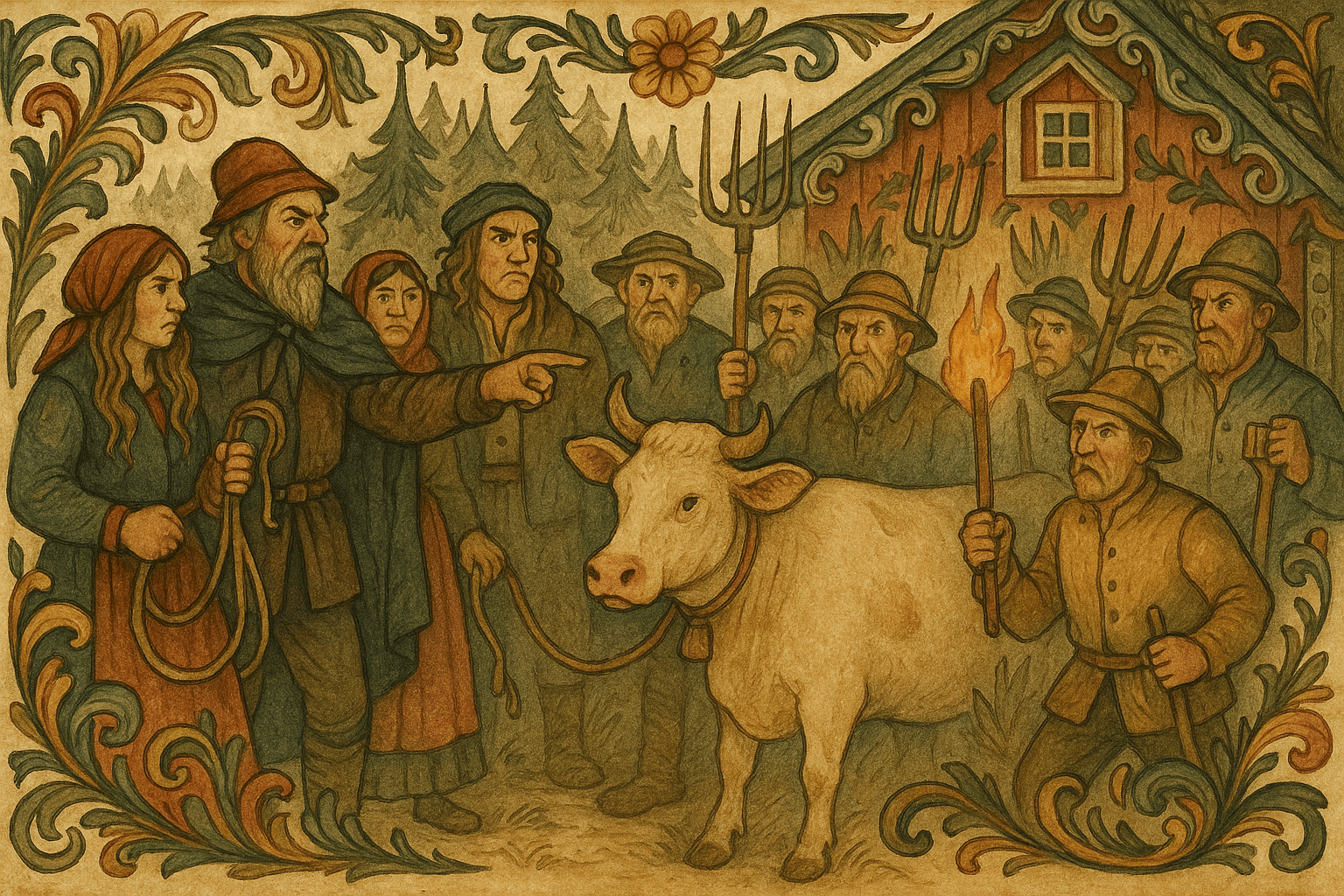 Taterbanden krever kua i gårdsplassen mens nabobønder kommer til med greip for å forsvare gården.