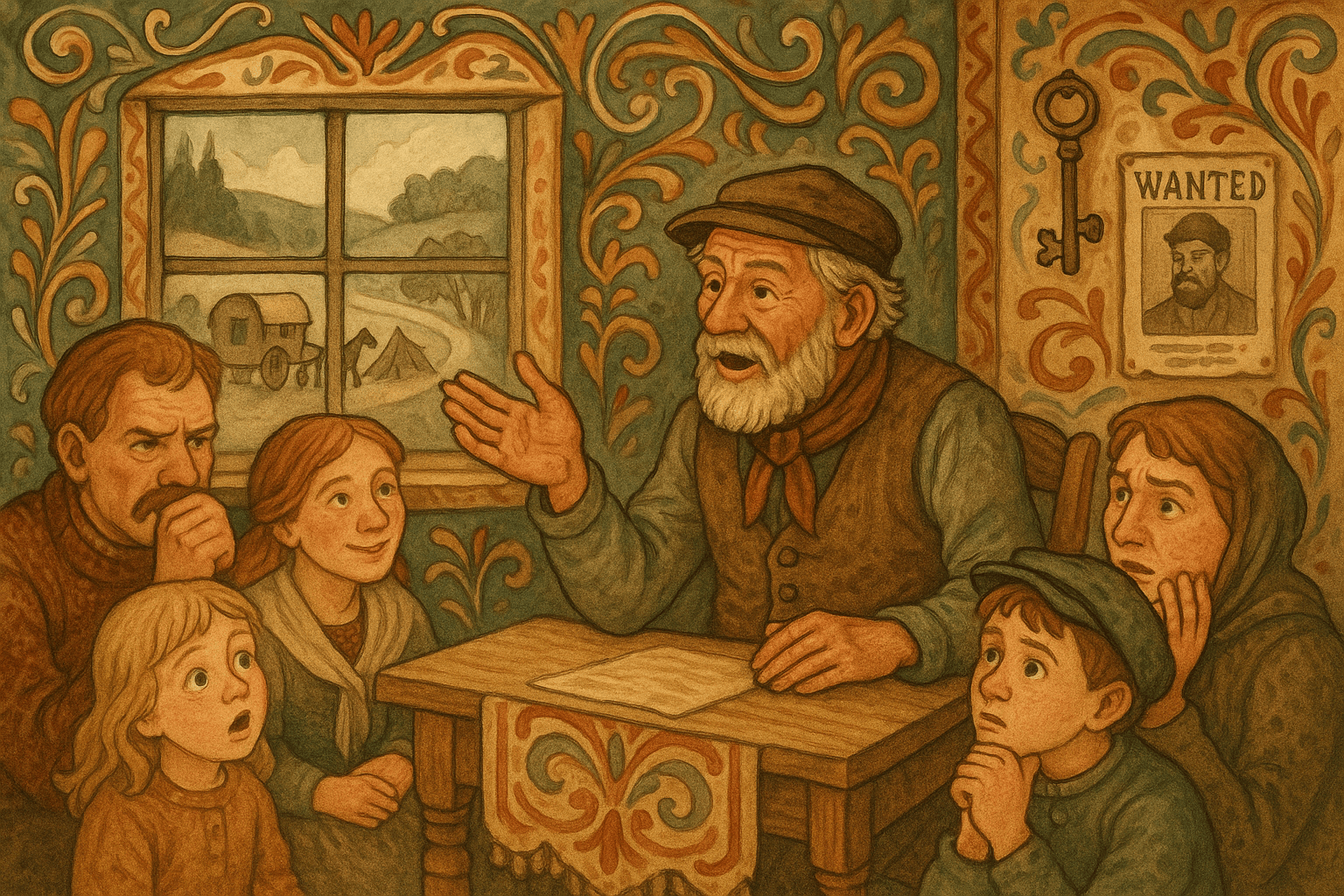 Bonden forteller hjemme ved bordet om sin tid blant tatere, mens naboer lytter og et fjernt taterleir skimtes utenfor.