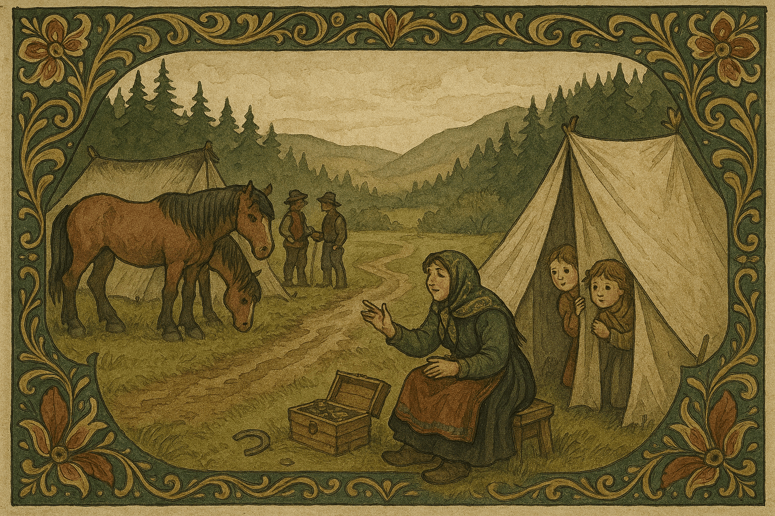 En taterbande med telt og hester ved skogkanten, taterkjerringa viser frem nåler og småting mens barn titter fram.