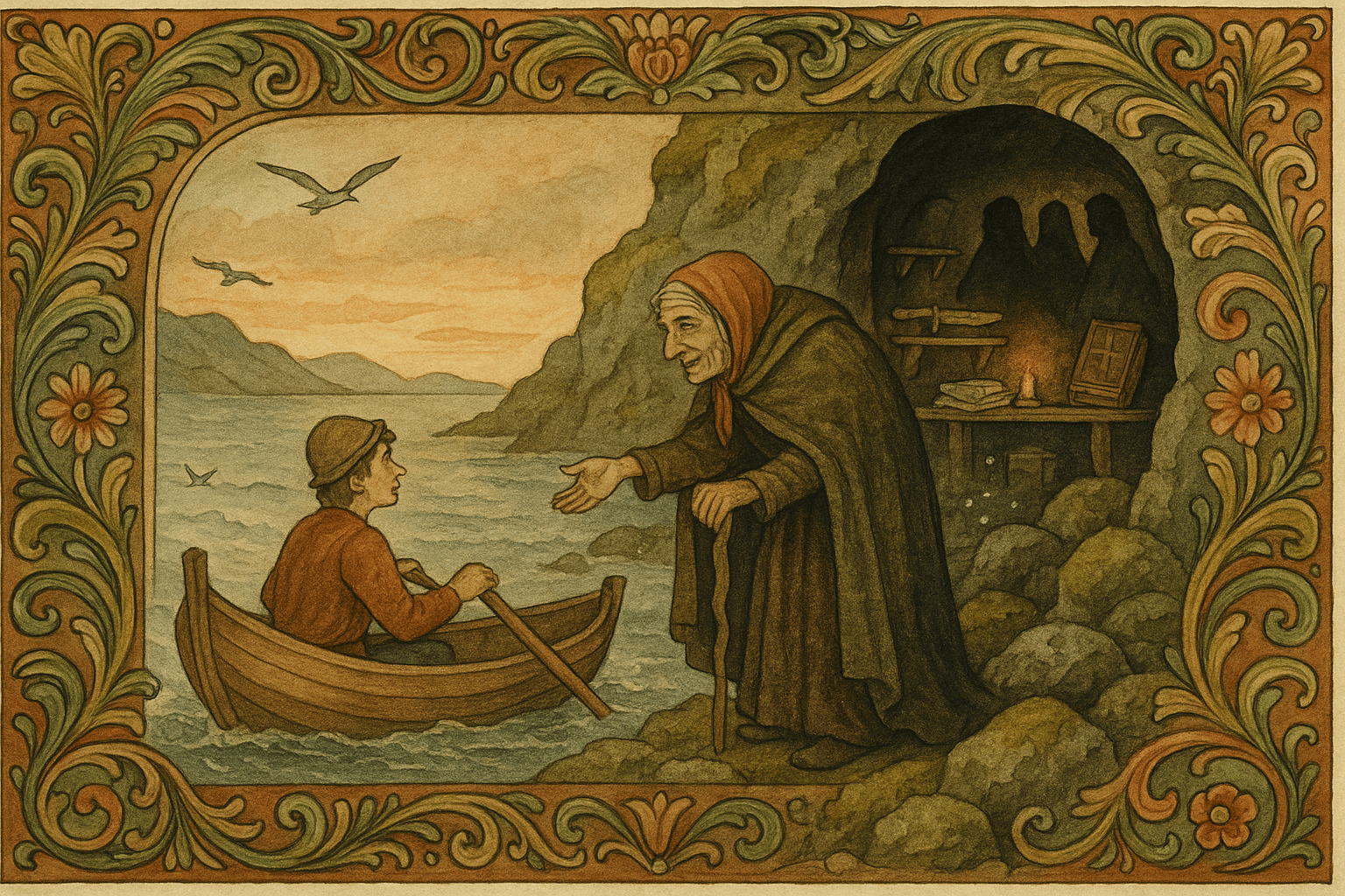 Gutten ror til en gammel kjerring ved fjorden og møter tre trollkvinner i en hule som viser frem en duk, et sverd og en salmebok.