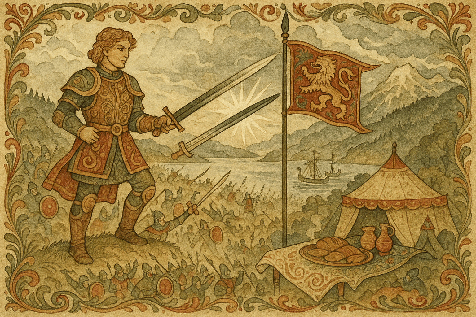 Helten bruker et tobladet sverd på slagmarken mens hans duk gir mat til soldatene i leiren ved fjorden.