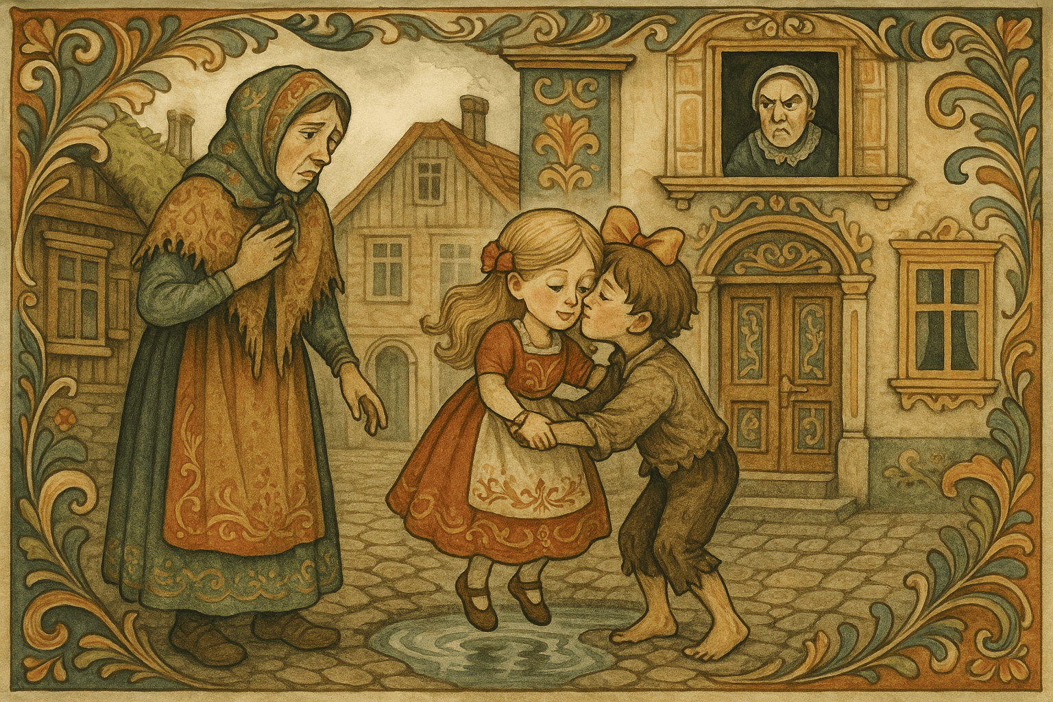 En fattig mor og hennes sønn løfter borgermesterdatteren over en regndam mens borgermesterfruen ser opprørt ut fra vinduet.