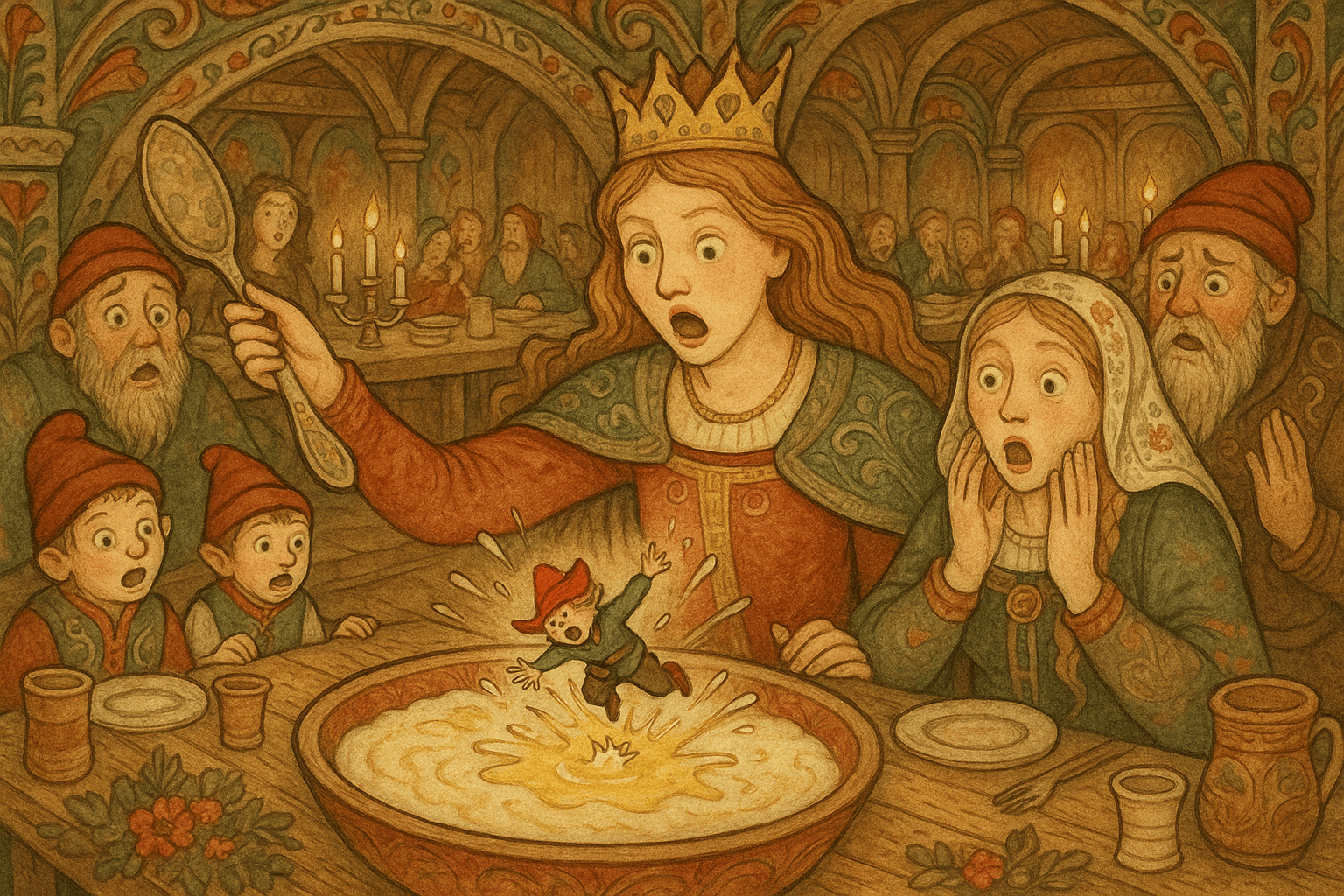 I bryllupssalen sitter Tommeliten ved prinsessen og faller ned i et stort smørøye i et grautfat mens gjestene ser forferdet på.