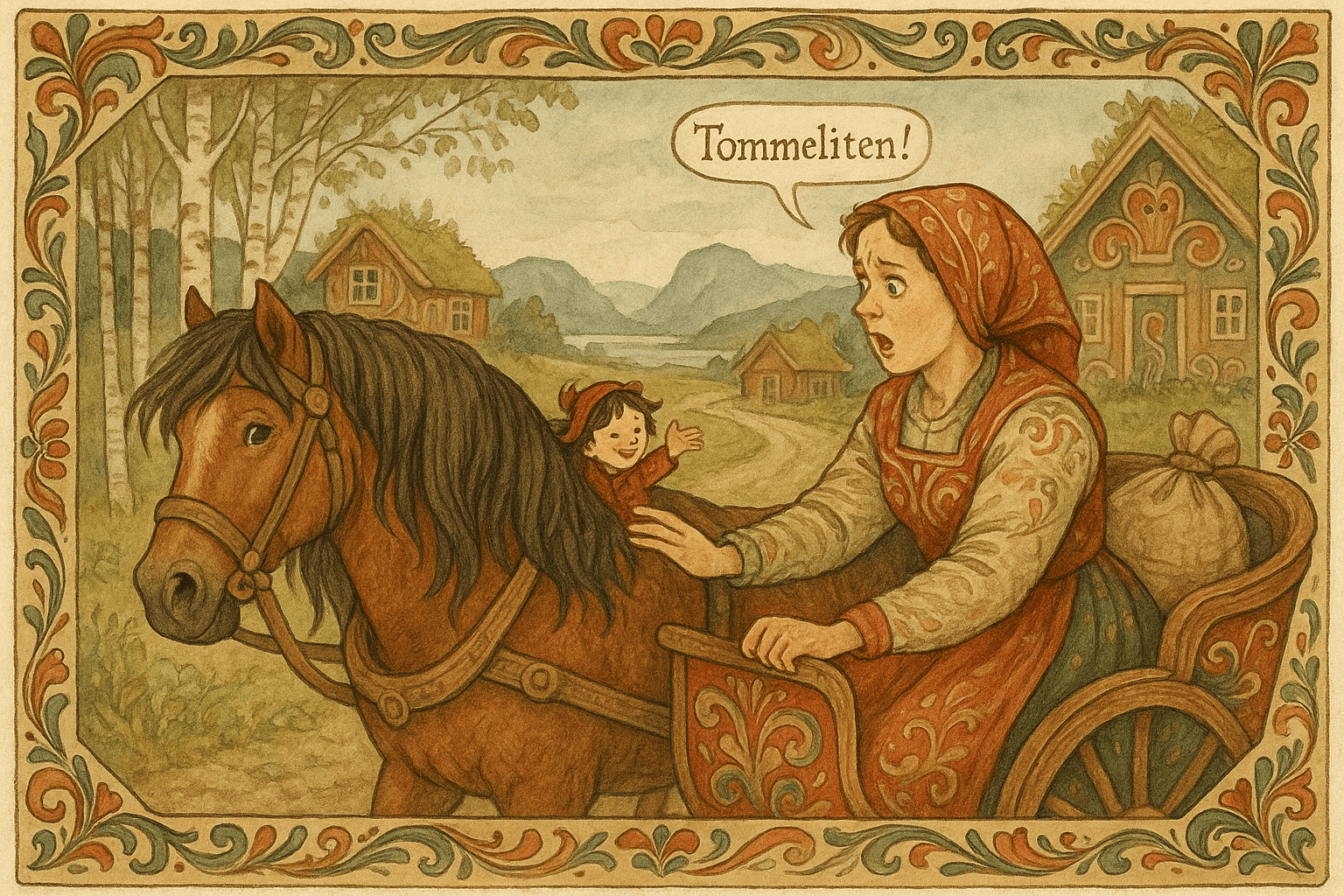 Tommeliten, en liten gutt, kikker fram fra hestens man mens moren leter og roper ved en trevogn på en norsk landevei.