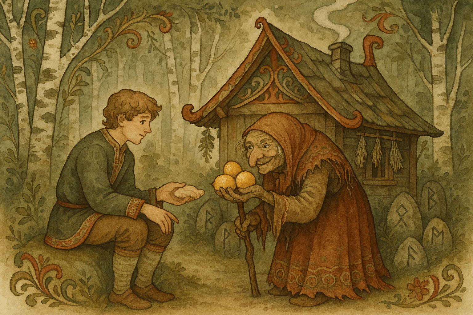 Den unge broren deler mat med en gammel trollkjerring utenfor ei mosegrodd hytte, og hun gir ham tre glitrende sitroner.