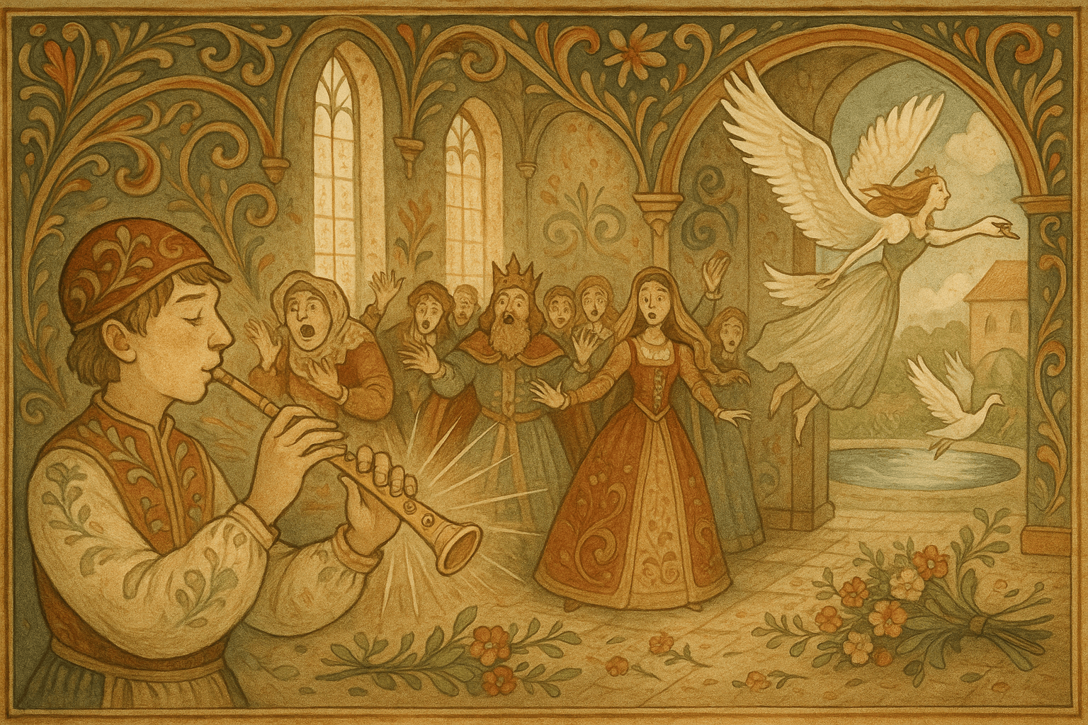 På bryllupsdagen blåser broren i den magiske pipa; alle begynner å danse, kokkas maske faller av og en svane forvandles tilbake til prinsesse Solveig.