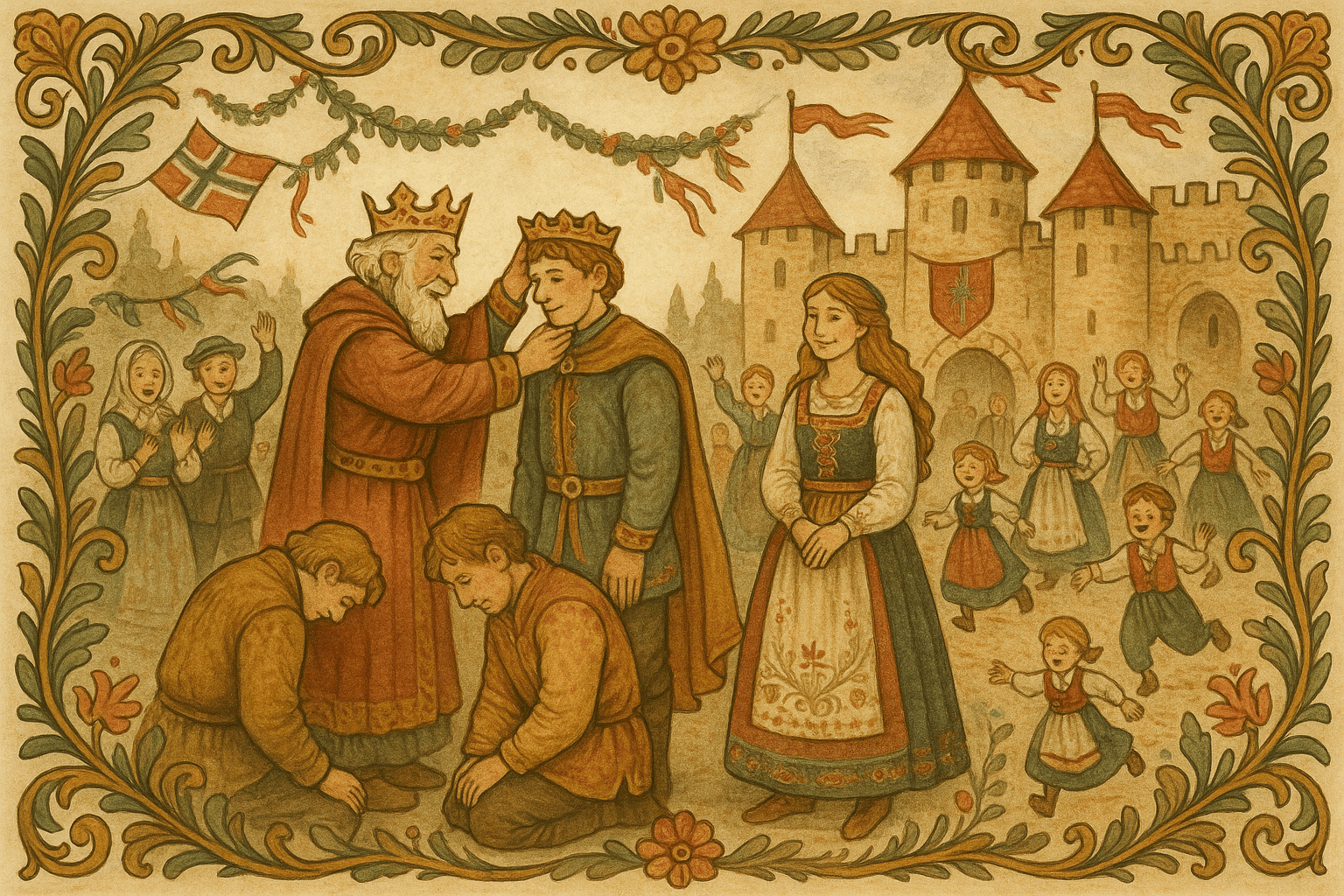 Kongen gjør den yngste til sin etterfølger mens de eldre brødrene ber om tilgivelse og folket jubler rundt brudeparet.