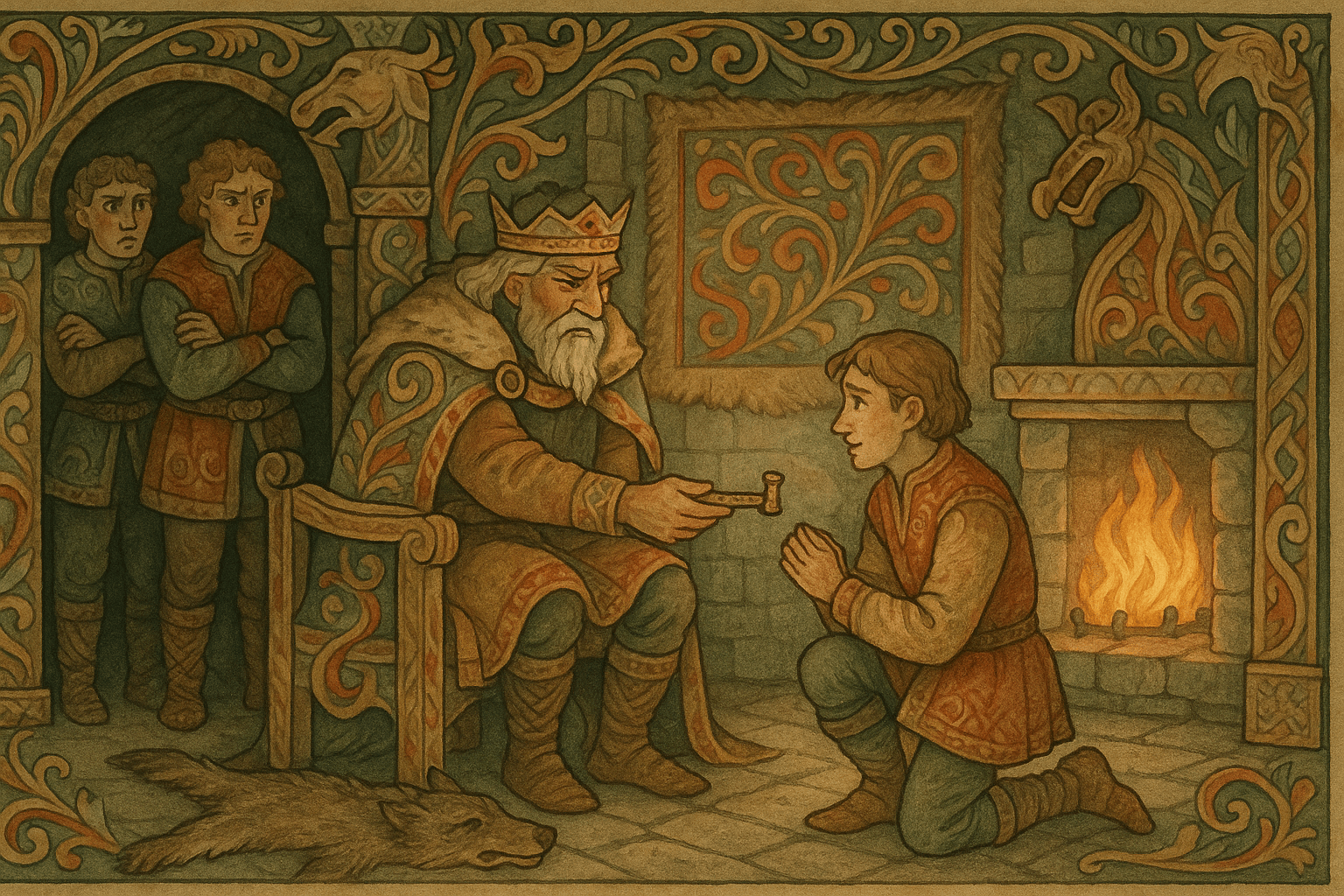 Kongen gir den yngste en gyllen pipe i en storslagen hall, mens de to eldste brødrene står misunnelige i bakgrunnen.