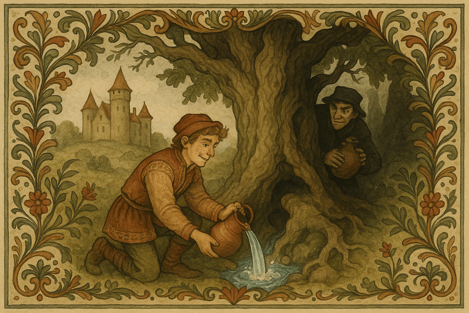 Tro finner en klar kilde ved den store eika mens Utro lusker i skyggene med en full krukke.