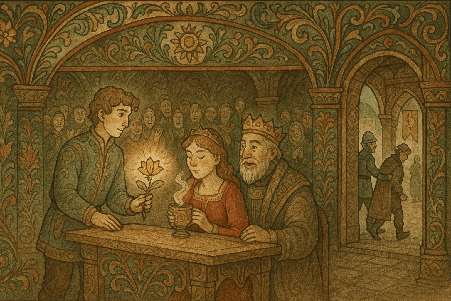 Tro gir en te laget av den gyldne blomsten til prinsessen som blir frisk igjen, mens vakter driver Utro ut av hallen.