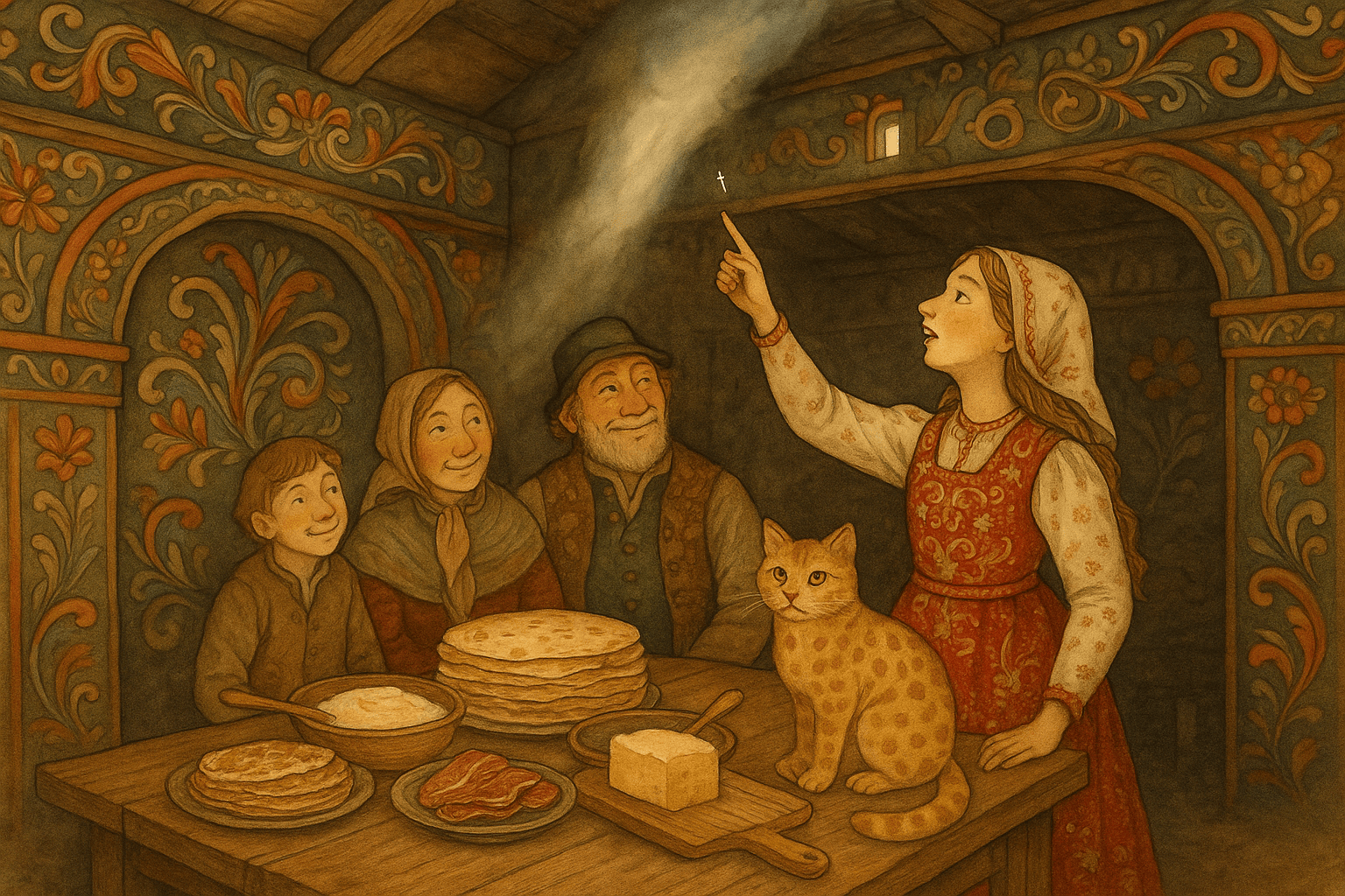 En røykfylt røkstue med sollys gjennom ljoren, et lavt bord med lefser, rømmegraut og et stort smørstykke; jenta peker opp mot en glinsende synål på ljorestangen mens en gulblommet katt sitter ved smøret.