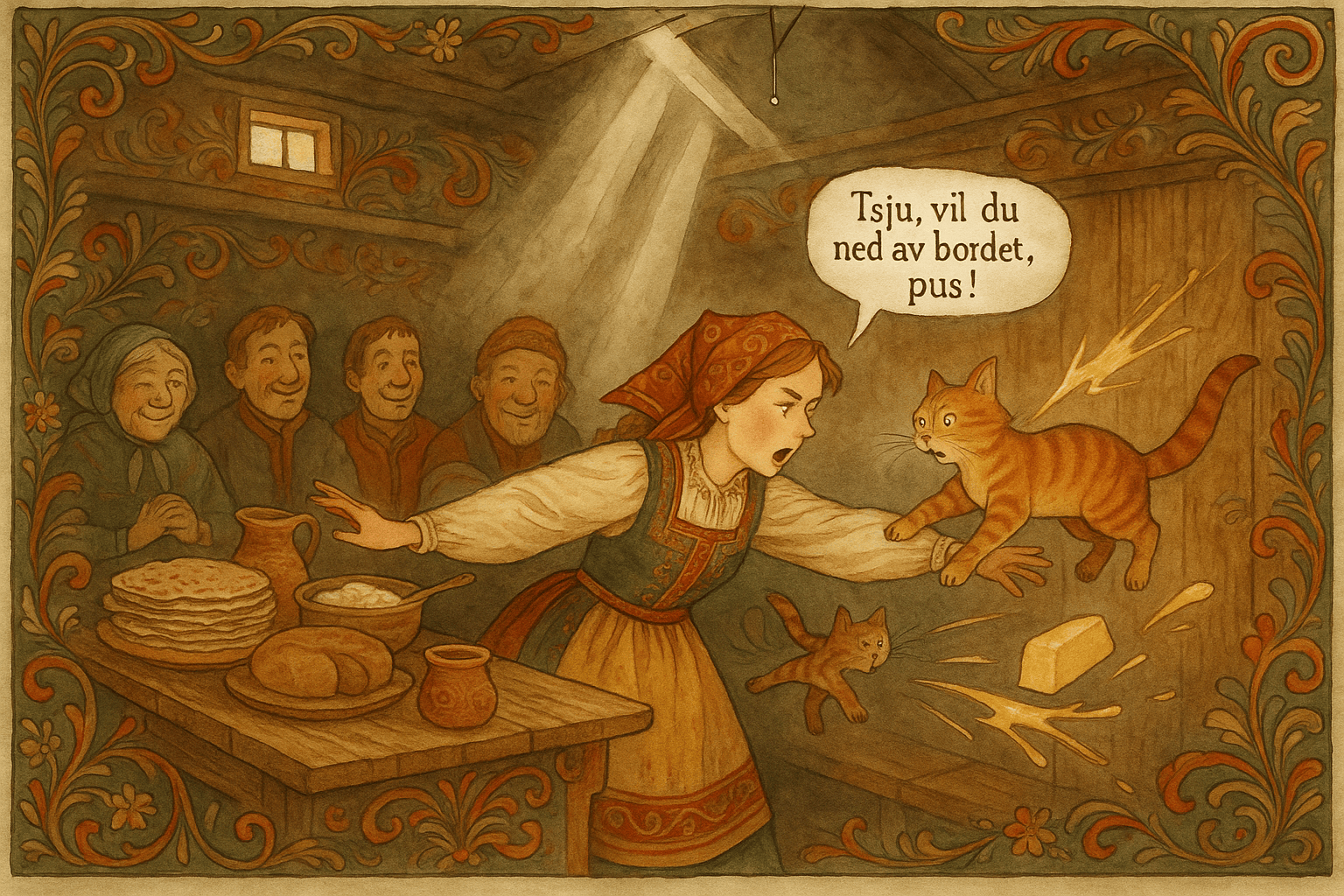 I en varm, røykfylt røkstue, der lysstråler skjærer ned gjennom ljoreåpningen og en liten glugge høyt oppe på veggen, ligger et lavt trebord fullt av lefser, flatbrød, spekeboger og en krukke med rømmegraut. På et trebrett hviler et stort, blekt smørstykke, mens en nål blinker oppe på ljorestanga der datteren stolt hadde pekt den ut.