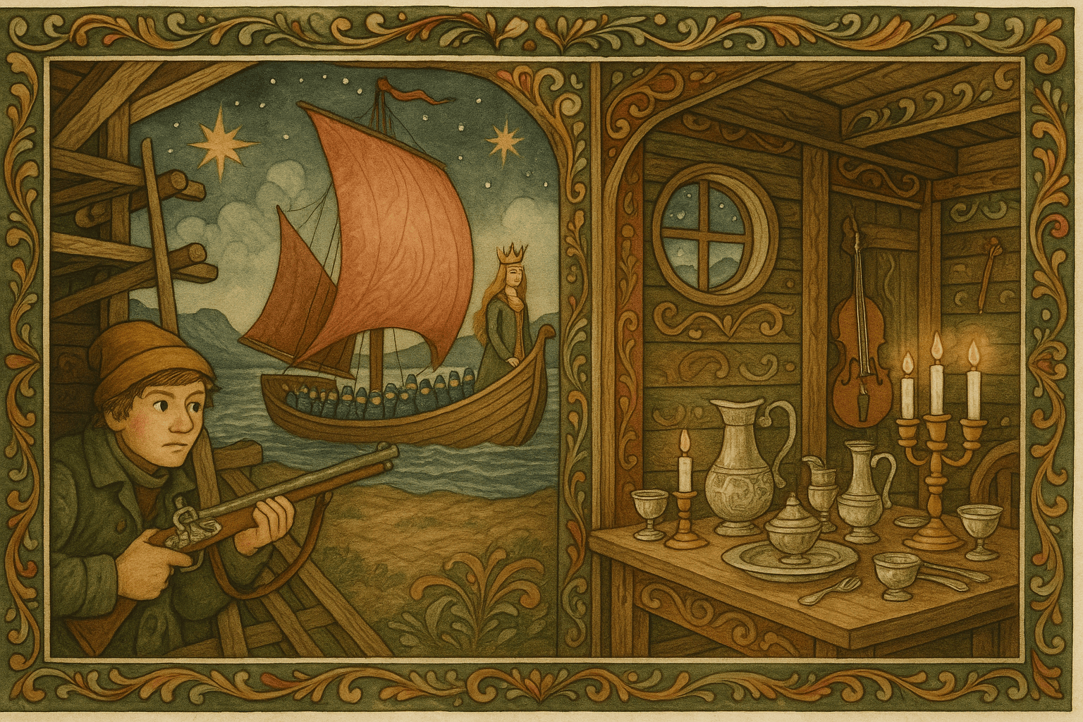 Lykk-Anders skjuler seg på hjellen i rorbua og ser den praktfulle jekta med tuftefolk og bruden ved roret nærme seg. Inne i bua skimtes sølvfat og lyder av musikk utenfra.