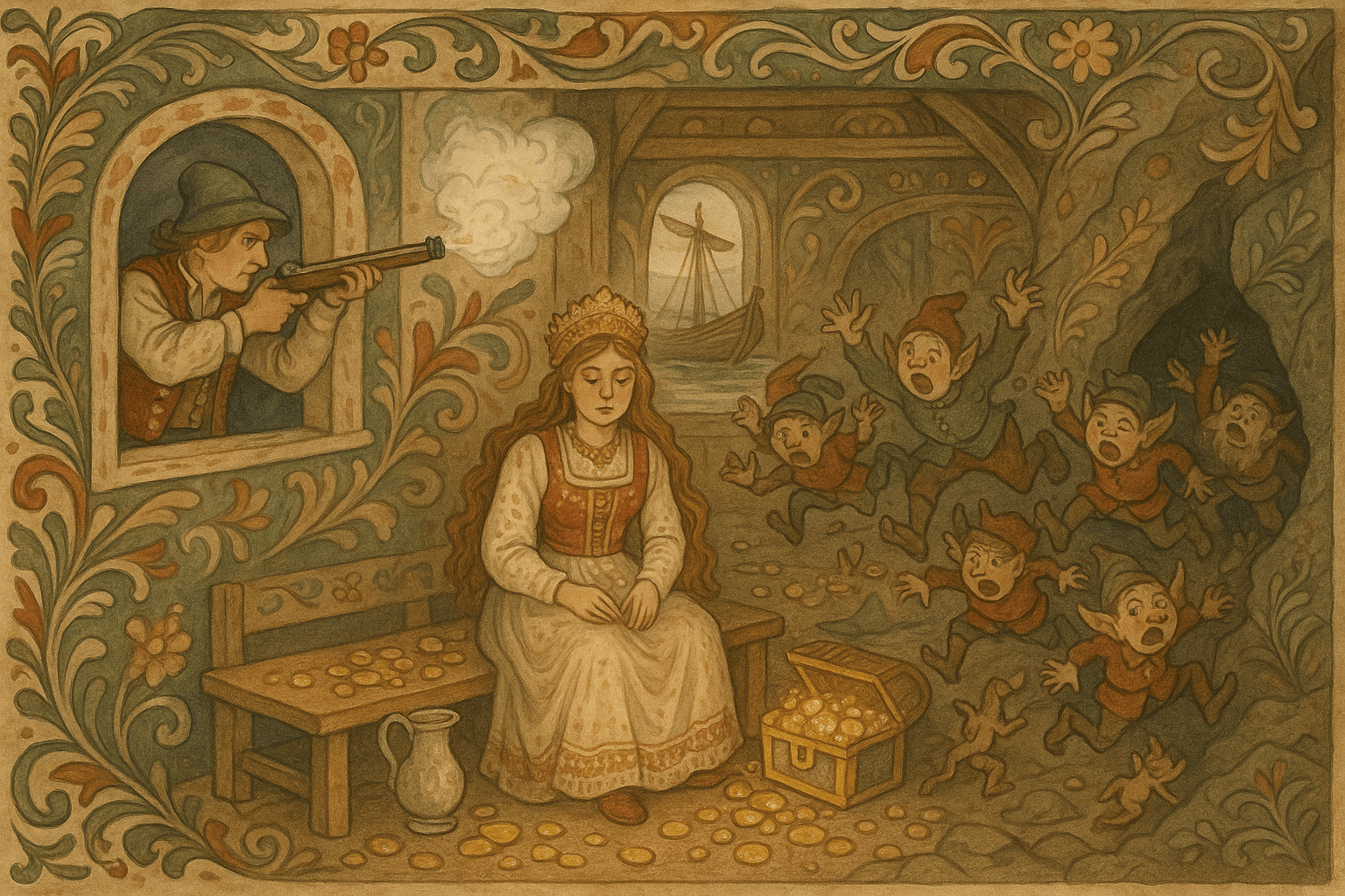 Lykk-Anders skyter gjennom vindusgluggen, tuftefolket flykter i panikk og gull og sølv blir liggende igjen. Bruden sitter forvirret blant skattene.