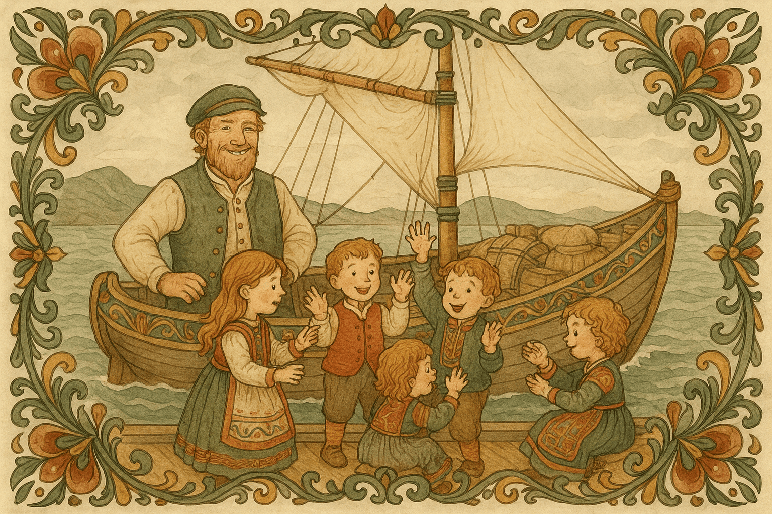 Lykk-Anders på sin rike jekt nær Lekangholmene med mange barn, alle mangler siste ledd på venstre veslefinger. Rolig hav og lastet jekt i bakgrunnen.