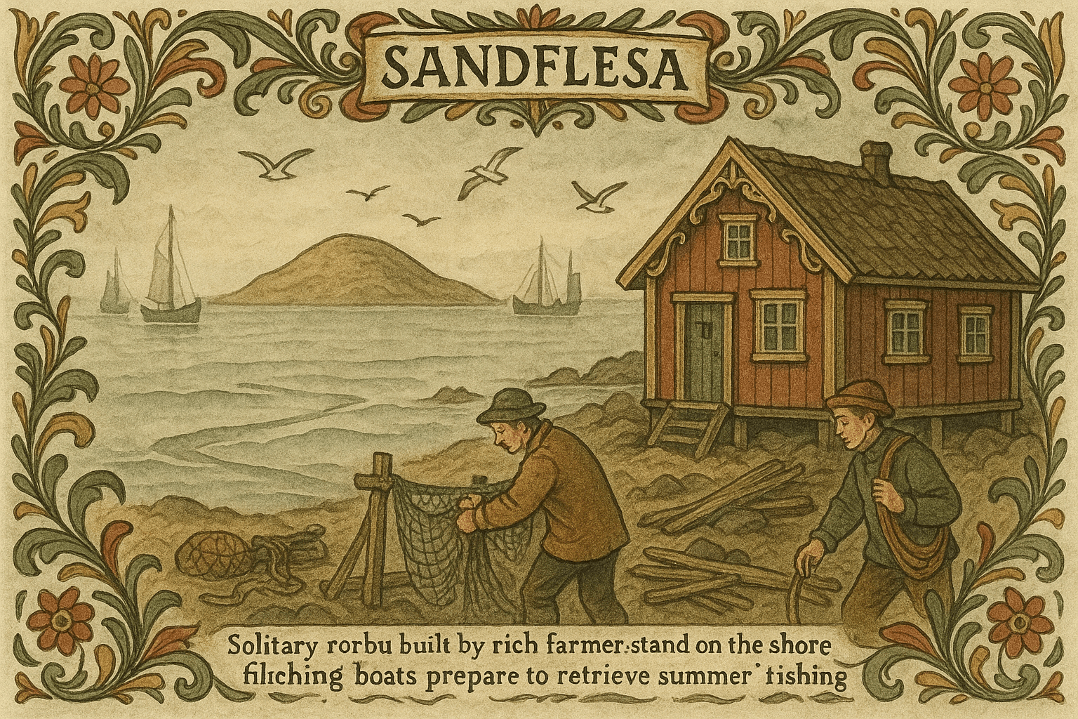 Sandflesa ved Trena i skumring, med en stor rorbu og to brødre som forbereder seg ved strandkanten. Trekk av sjø, drivved og et smalt kjølfar i grunt vann vises.