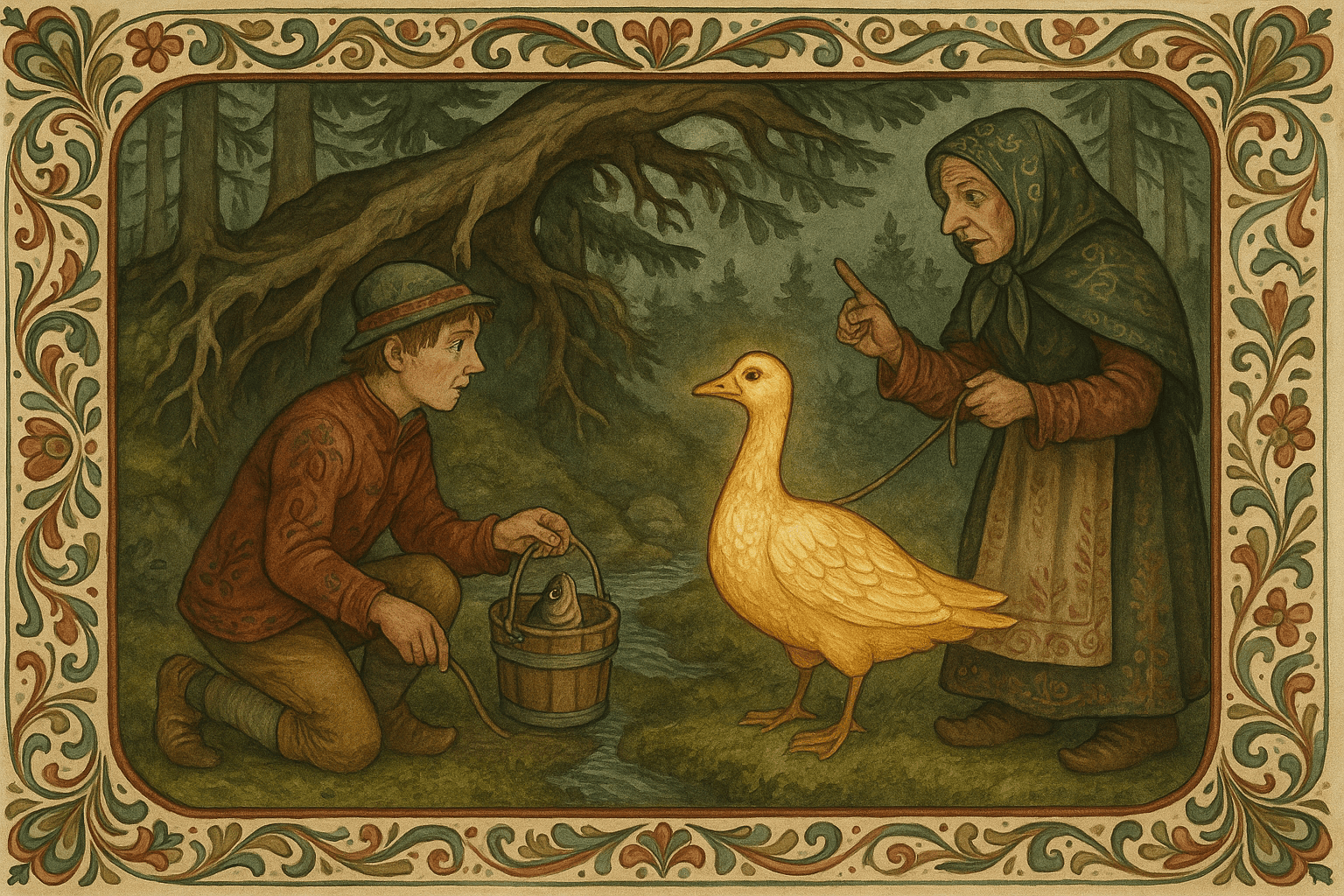 Tyrihans ved bekken bytter fisken i bøtten mot en skinande gullgås fra en gammel kjerring under ei fururot.