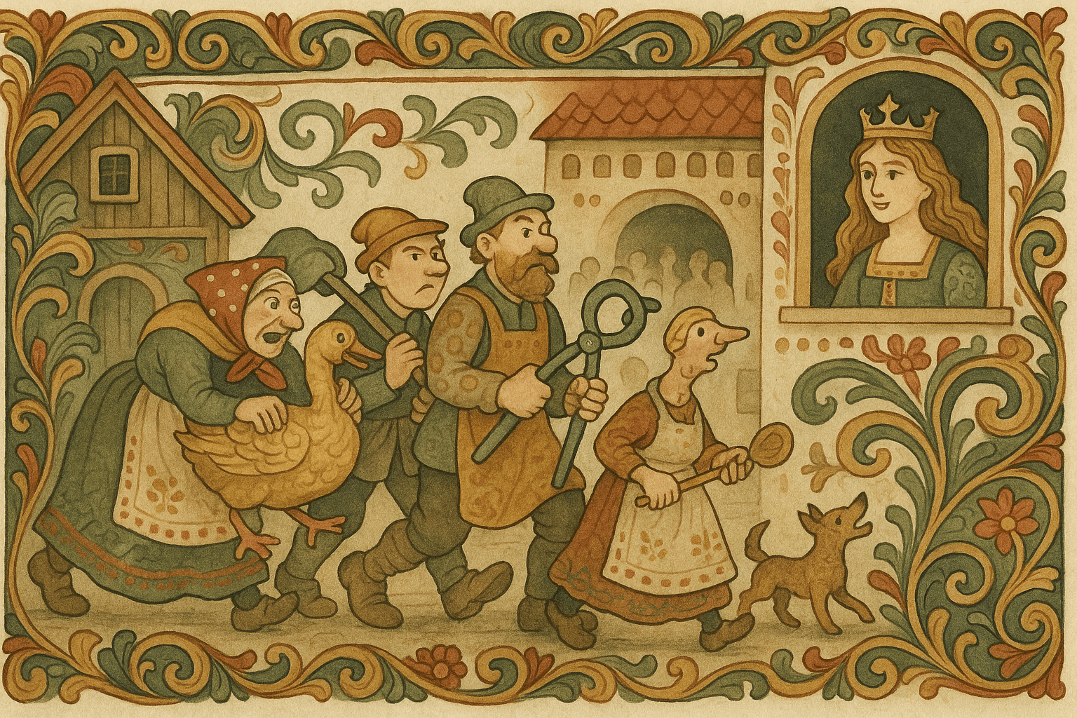 Et komisk følge med gullgåsa henger fast i hverandre forbi smia og kjøkkenet; de nærmer seg vinduet hvor prinsessen begynner å smile.