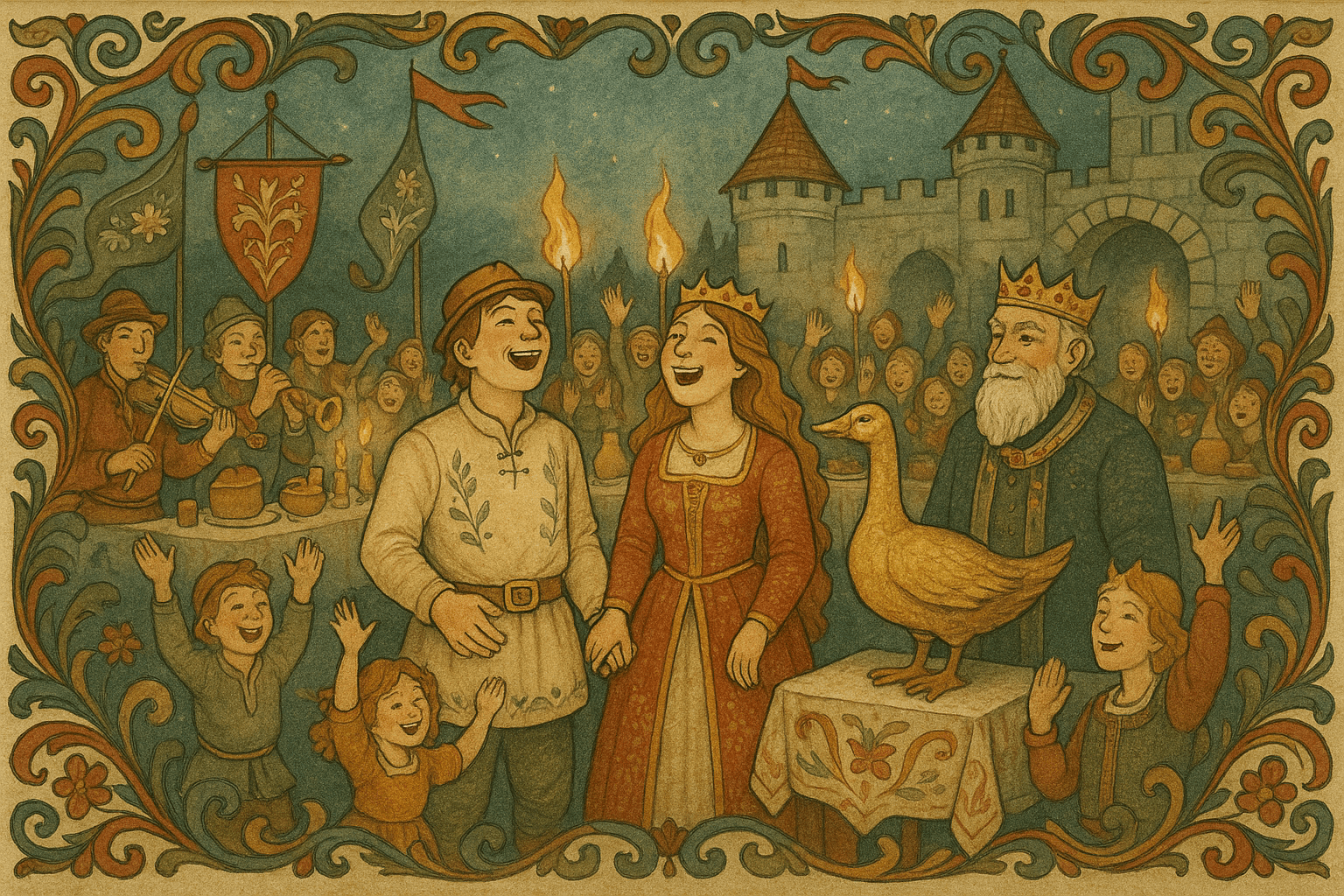 Tyrihans og kongsdatteren gifter seg og ler i en glad bryllupsfest på gårdsplassen, med folk som feirer og gullgåsa til stede.