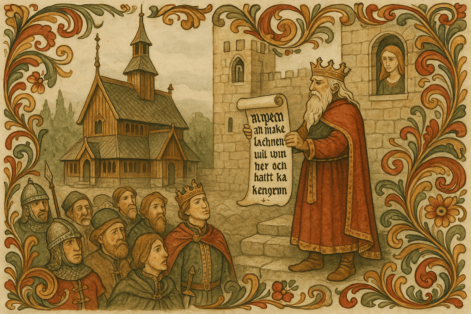 Kongen kunngjør fra kirkebakken at den som får kongsdatteren til å le får henne og halve riket; folk samler seg, mens kongsdatteren ser alvorlig ut fra vinduet.