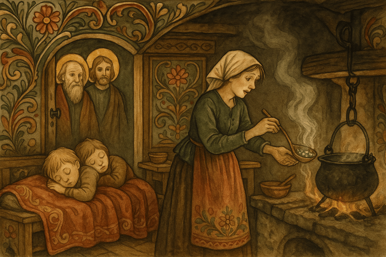 Konen rører i gryten og oppdager at småsteinene har blitt til erter; barna og Vårherre og St. Peder ser lettet og glad på.