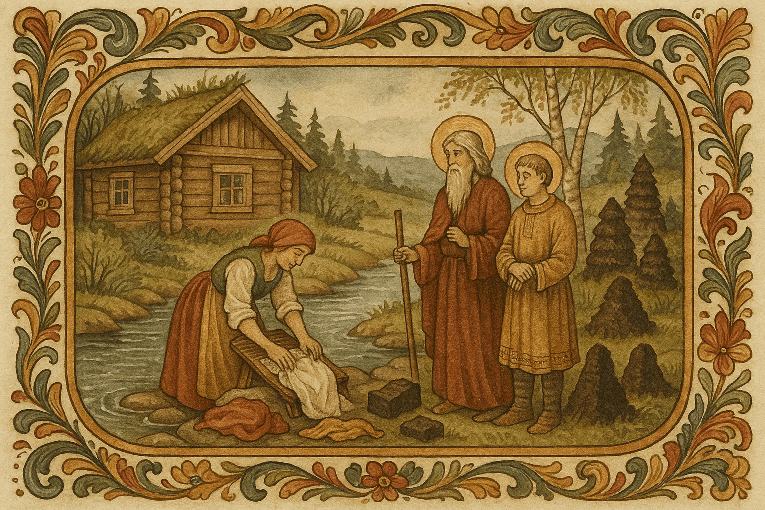 Vårherre og St. Peder møter en kone ved bekken mens fine klær forvandles til turver ved hennes vask.