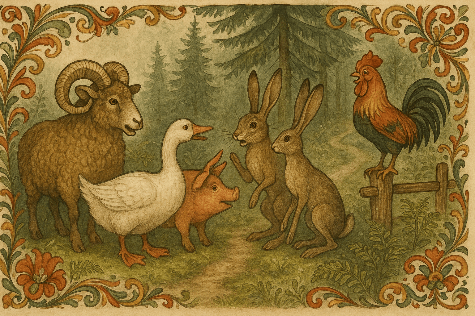 Væren og grisen møter gåsa, haren og hanen ved skogkanten; dyrene står på en mosegrodd sti med gran og bregner rundt dem.