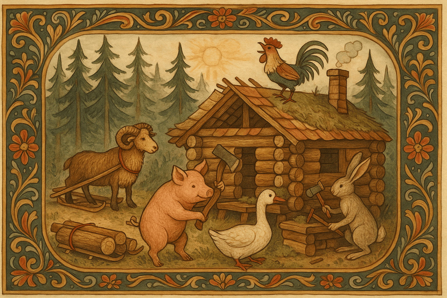 Dyrene bygger et tømmerhus i lysning; grisen hugger tømmer, væren kjører, haren hamrer plugger, gåsa fyller mose, og taket blir nevertekt og torvlagt.